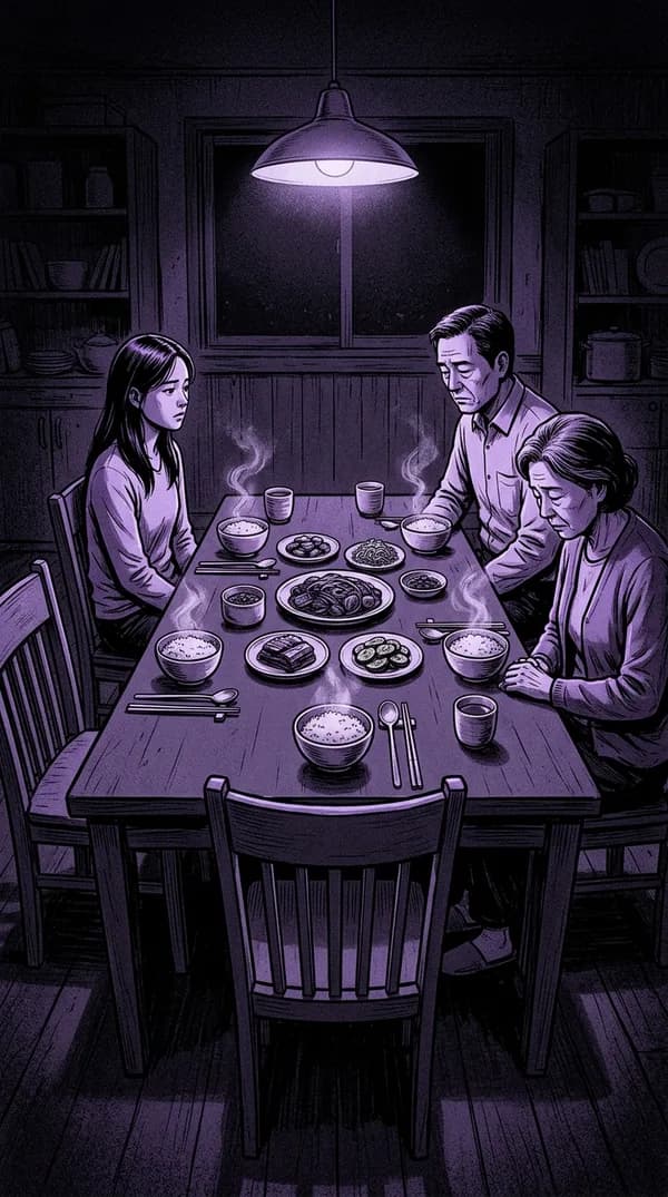 차려진 저녁상에 둘러앉았지만 아무도 말하지 않는 가족과 비어 있는 의자 하나