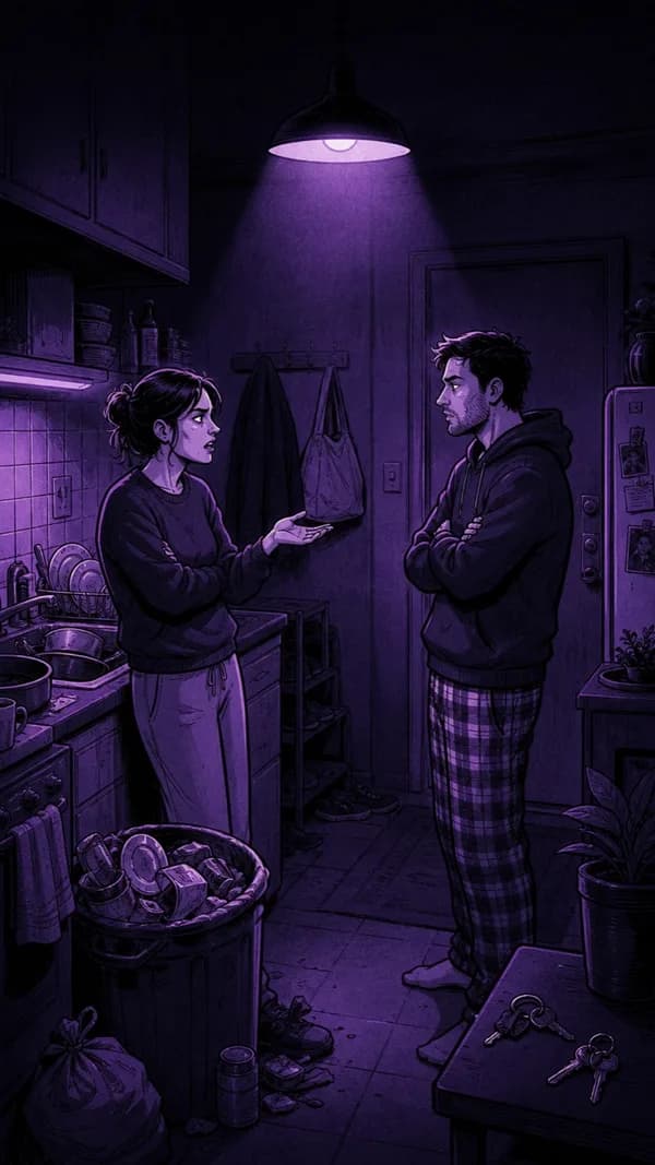부엌에서 마주 서서 다투는 두 사람